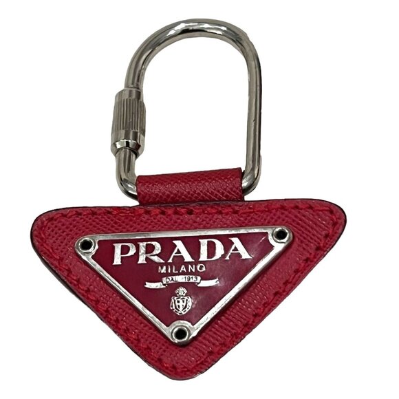 PRADA: Silver Metal & Red Saffiano Leather/Enamel Logo Bag Charm/Keychain #1550 - Picture 2 of 5